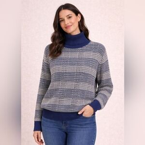 Carlisle Plaid Silk Blend Turtleneck Long Sleeve Sweater Blue Black Size Medium